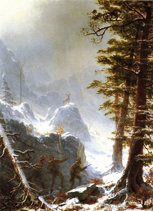 Three Hunters Stalking A Big Horn Sheep In A Snow Squall by Albert Bierstadt