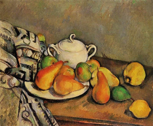 Sugarbowl, Pears And Tablecloth by Paul Cézanne