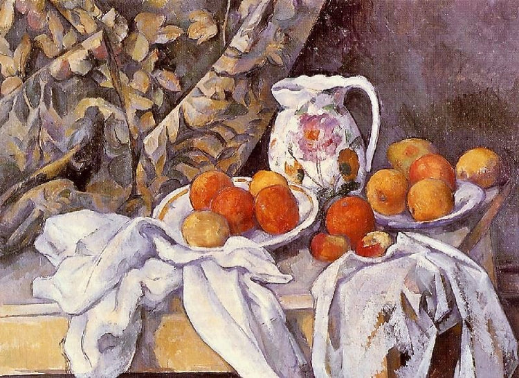 Still Life With Curtain And Flowered Pitcher by Paul Cézanne