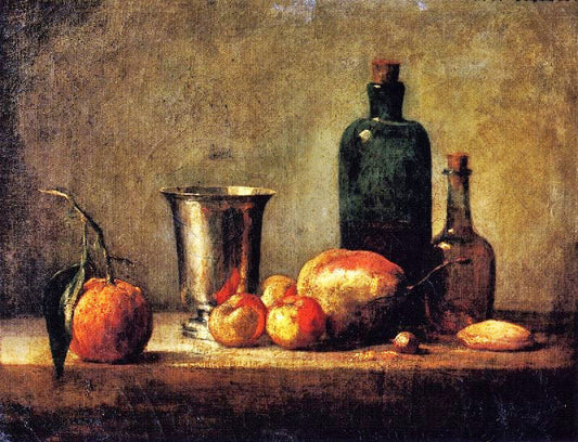 Seville Orange, Silver Goblet, Apples, Pear And Two Bottles by Jean-Baptiste-Simeon Chardin