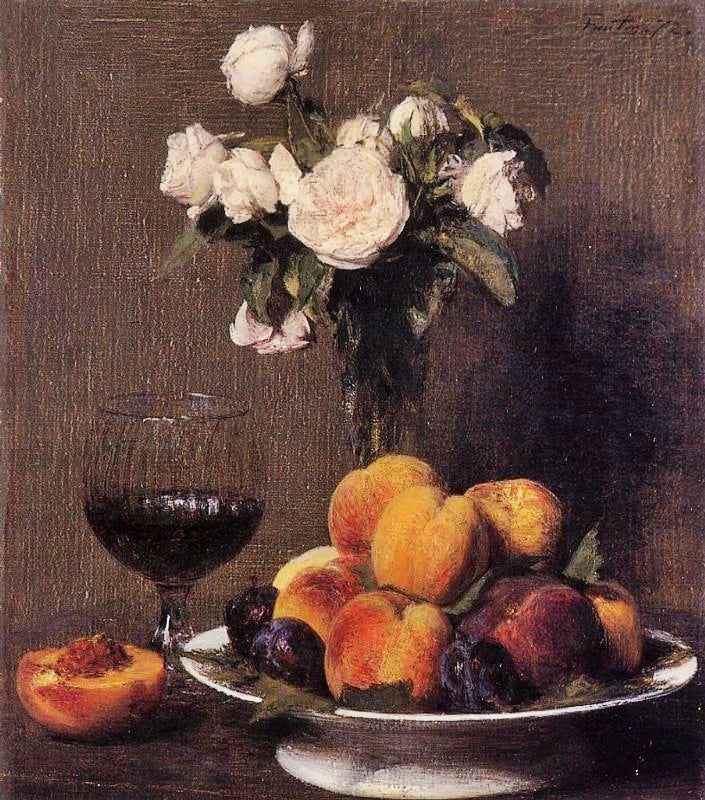 Still Life With Roses, Fruit And A Glass Of Wine by Henri Fantin-Latour