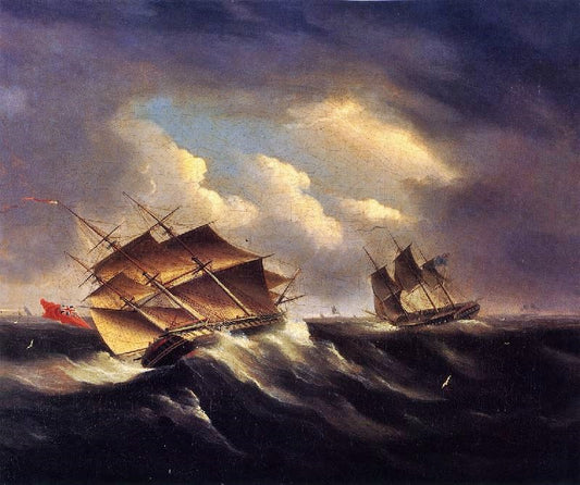 A British Frigate Approaching Another Vessel In A Heavy Sea by James E. Buttersworth