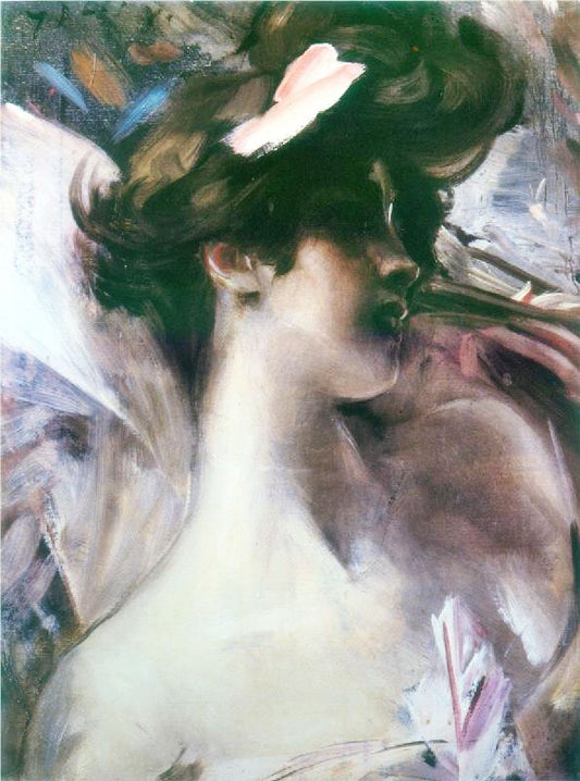 Young Woman’S Head On A Pink Background by Giovanni Boldini
