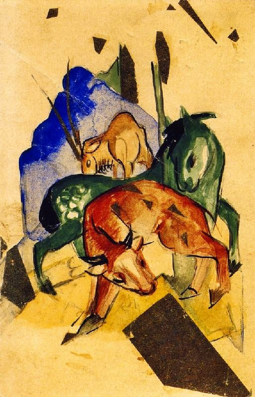 Three Animals On The Blue Mountain by Franz Marc