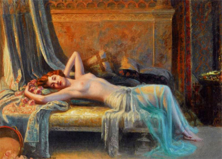 Reclining Nude With A Bouquet Of Roses by Delphin Enjolras