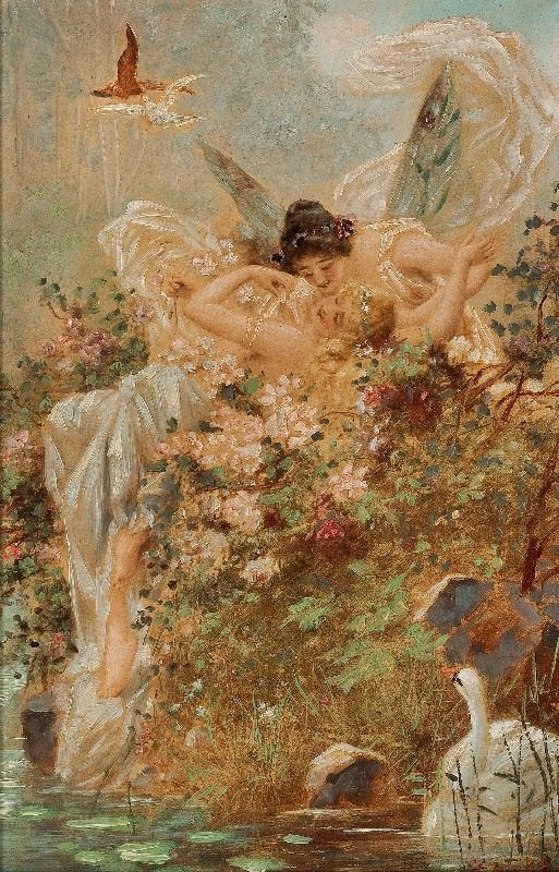 Two Fairies With A Swan by Hans Zatzka