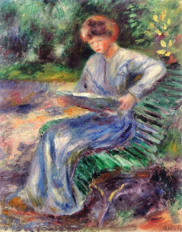 Woman Seated On A Bench, Reading by Pierre Auguste Renoir