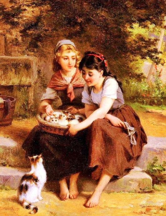 Two Girls With A Basket Of Kittens by Emile Munier