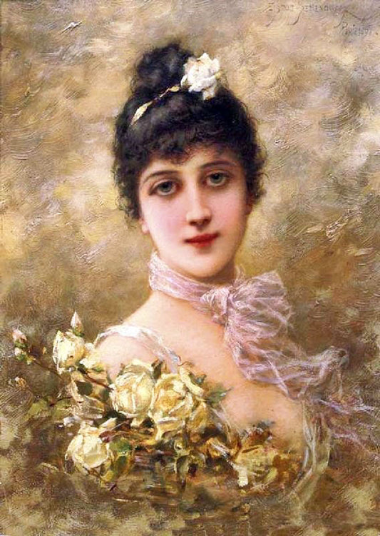 Elegant Lady With Yellow Roses by Emile Eisman-Semenowsk