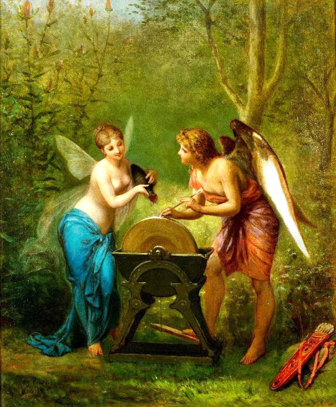 A Cupid And A Fairy Sharpening The Arrows by Henri Pierre Picou