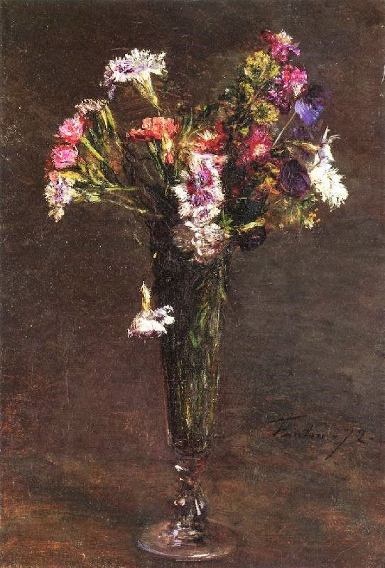 Flowers: Carnations And Hyacinth In A Champagne Flute by Henri Fantin-Latour