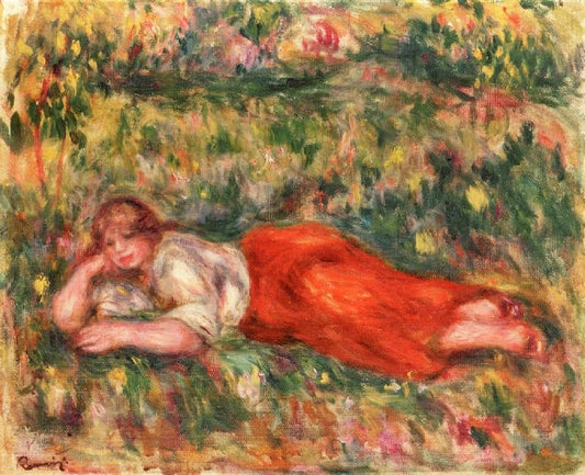 Woman In Red And White Lying On The Grass by Pierre Auguste Renoir