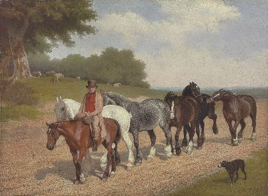 A Groom With A String Of Carthorses And A Dog, On A Country Road by Jacques-Laurent Agasse
