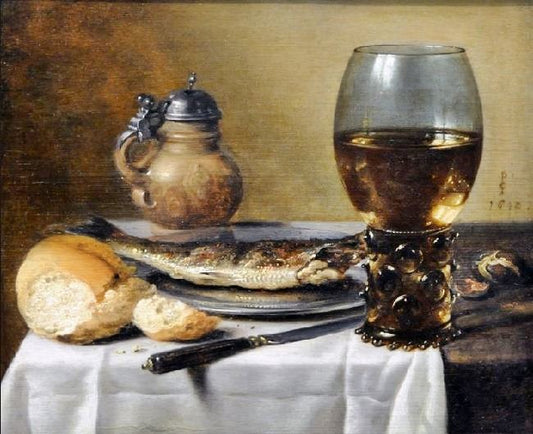 Still Life With Jug, Wine Glass, Herring And Bread by Pieter Claesz