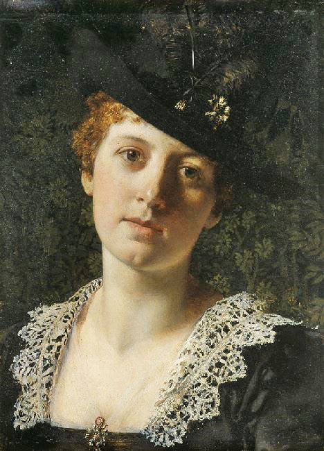 Portrait Of A Woman In Hat With Feathers by Władysław Czachórski