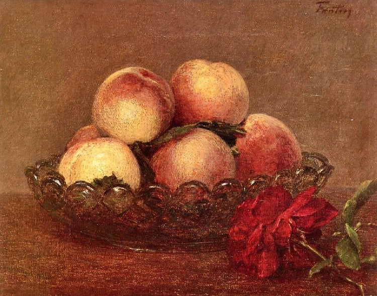 Nature Morte: Peches Dans Une Coupe De Verre, Une Rose Fonces Avec Des Feuilles A Droite by Henri Fantin-Latour