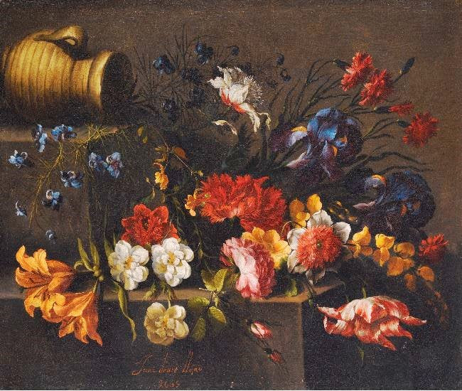 A Tulip, Roses, Dahlias, Peonies, Campanula, Orange Blossom On Some Steps by Juan de Arellano