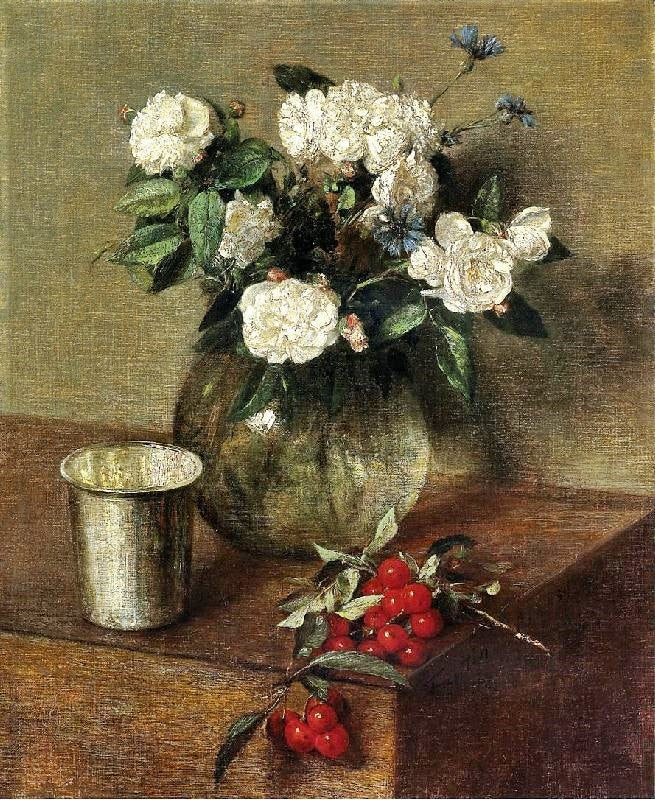 White Roses And Cherries by Henri Fantin-Latour