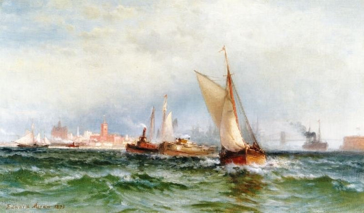 Steamships And Sailing Boats In New York Harbor by Edward Moran