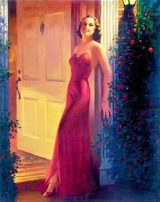 Woman In Red Gown Standing At The Door by Edward Mason Eggleston