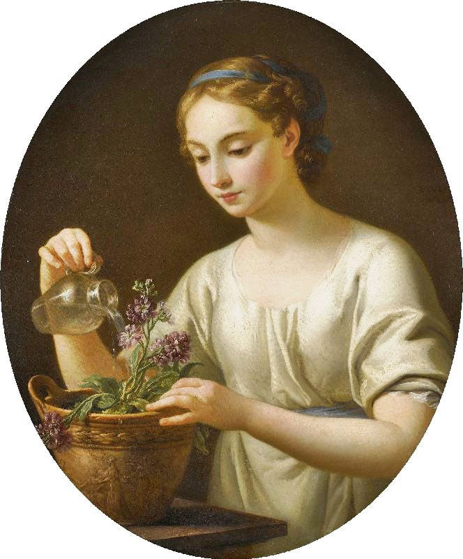 A Young Woman, Watering A Pot Of Flowers by Joseph Marie Vien