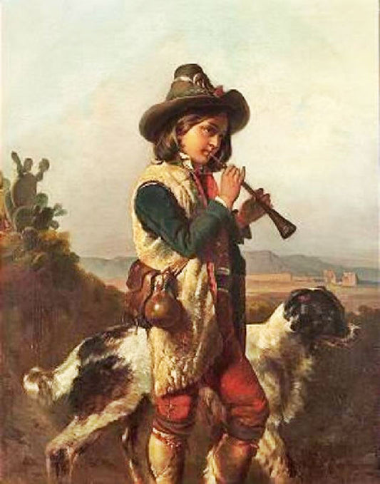 Shepherd With Dog Playing Flute by Alfred Jacques van Muyden