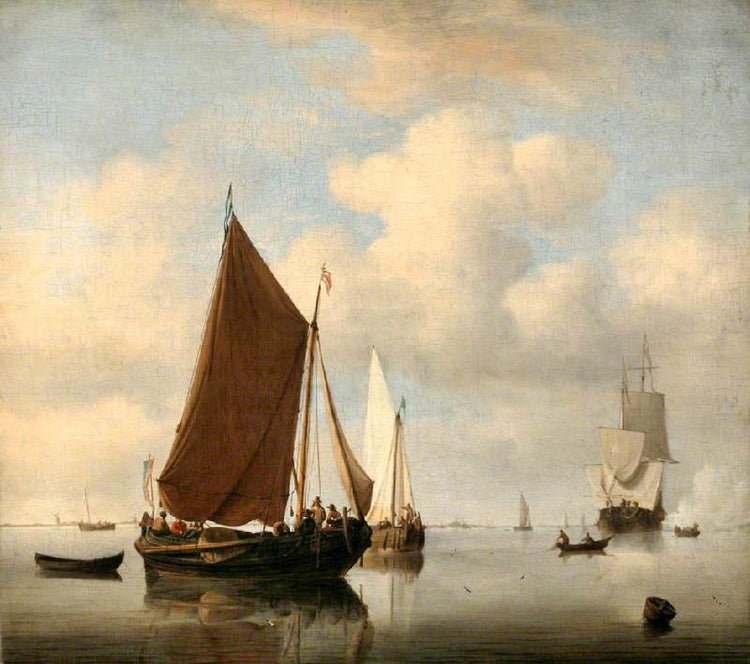 A Calm Sea With Two Fishing Boats And A Man-Of-War Firing A Salute Beyond by Willem van de Velde