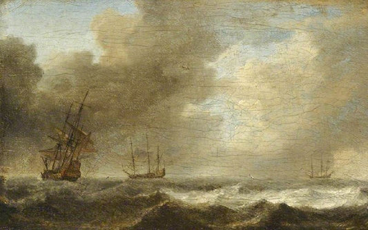 A Dutch Ship Lying-To In A Strong Breeze by Willem van de Velde
