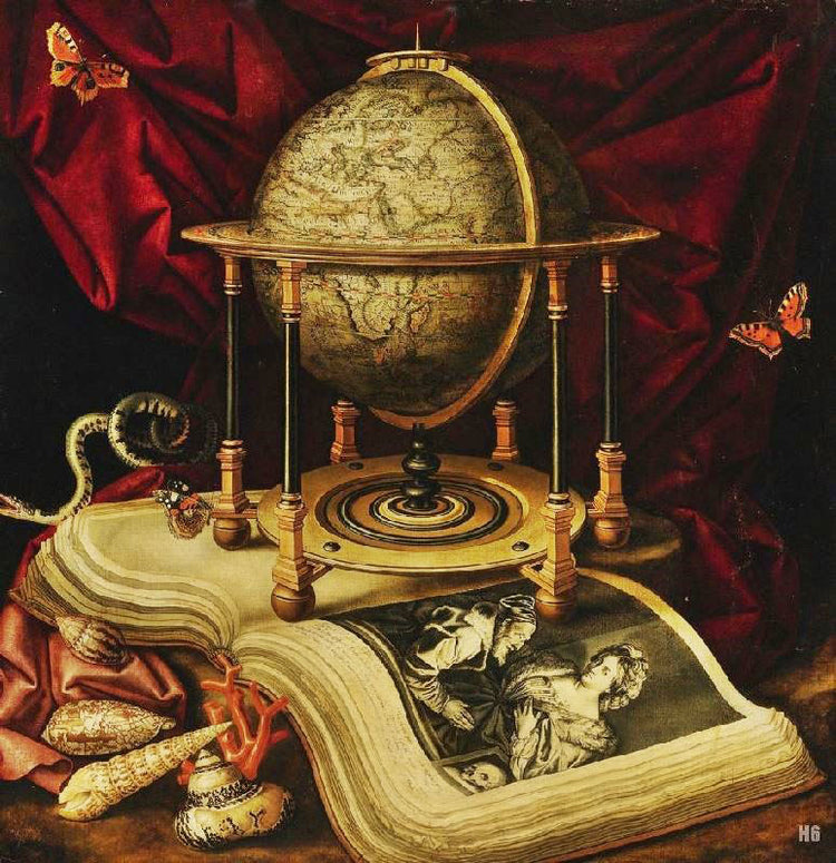 Vanitas Still-Life With A Globe, A Book, Shells And Butterflies by Carstian Luyckx