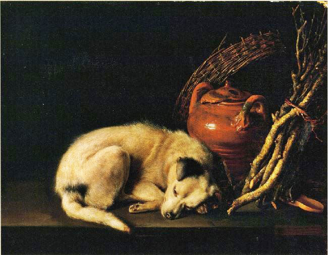 A Sleeping Dog Beside A Terracotta Jug, A Basket, And A Pile Of Kindling Wood by Gerrit Dou