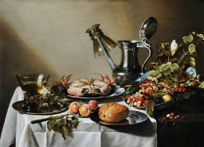 Still Life: Food, Glasses And A Jug On A Table by Pieter Claesz