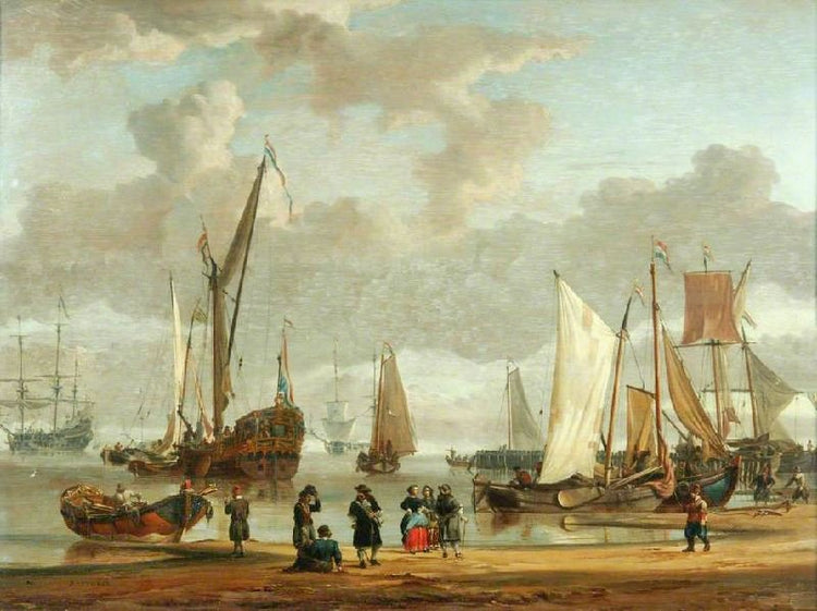 Coast Scene With Shipping Anchored Offshore And Figures On A Beach In The Foreground by Abraham Jansz. Storck