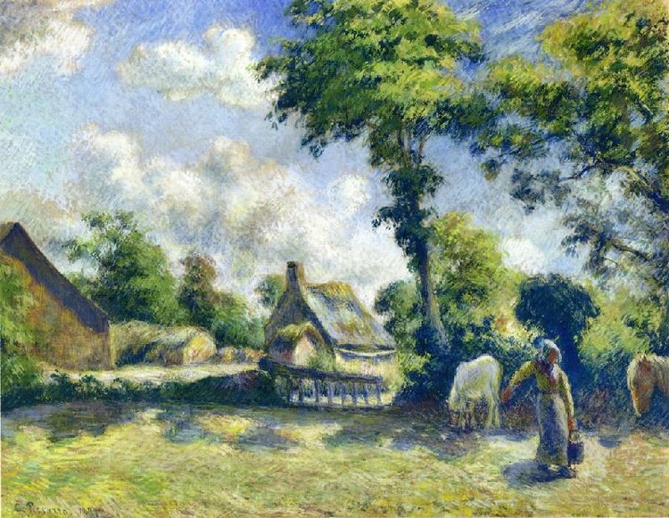 Landscape At Melleray, Woman Carrying Water To Horses by Camille Pissarro