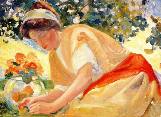Lady And Her Bowl Of Nasturtiums by Albert Henry Krehbiel