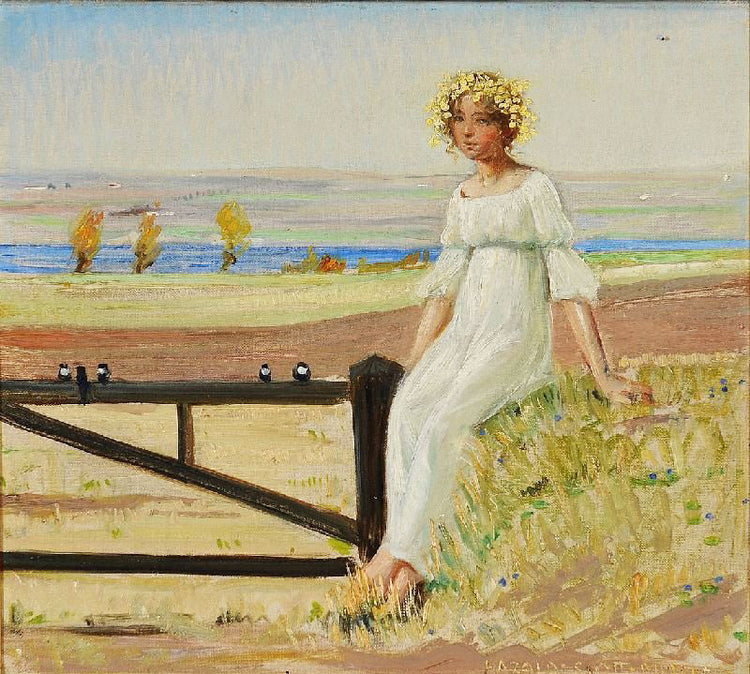 Young Girl With Flowers In Her Hair Sitting On A Fence by Harald Slott-Møller