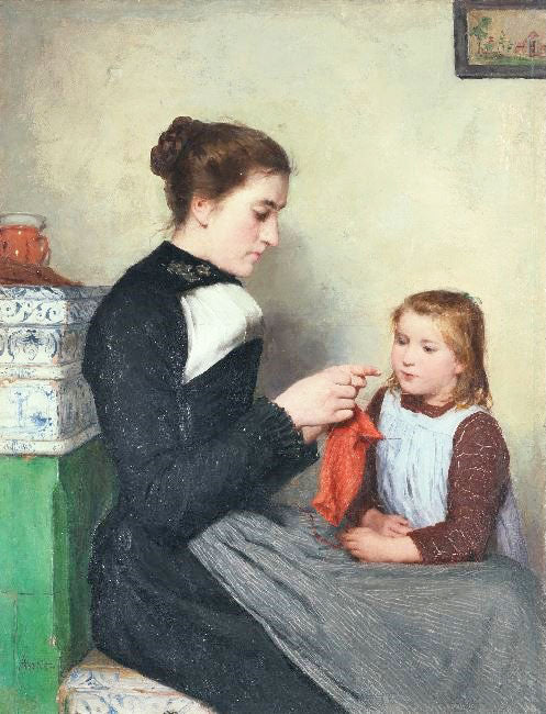 Knitting Bernese Woman With Child by Albert Anker