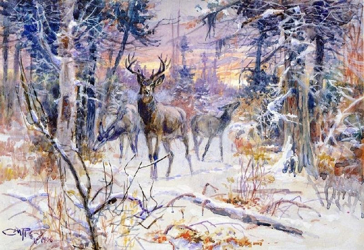Deer In A Snowy Forest by Charles Marion Russell