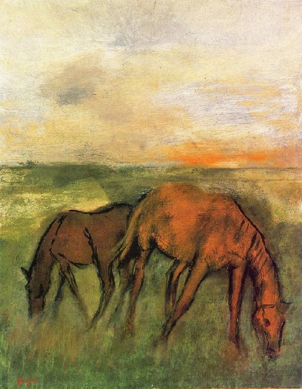 Two Horses In A Pasture by Edgar Degas