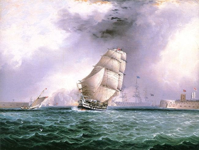 Portsmouth Harbor With An 80-Gun Frigate Bound For Spithead by James E. Buttersworth