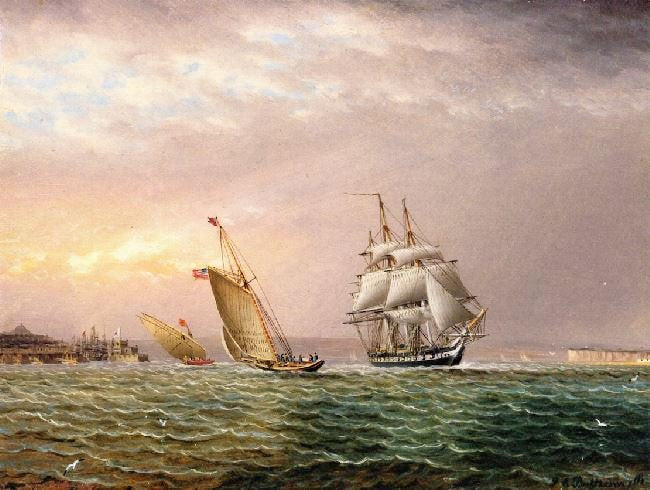 American Ship In The Tagus River Off Belem Tower by James E. Buttersworth