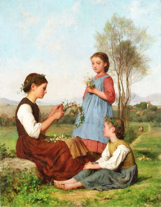 Three Girls Winding Wreaths by Albert Anker