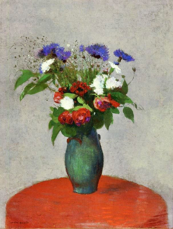 Vase Of Flowers On A Red Tablecloth by Odilon Redon