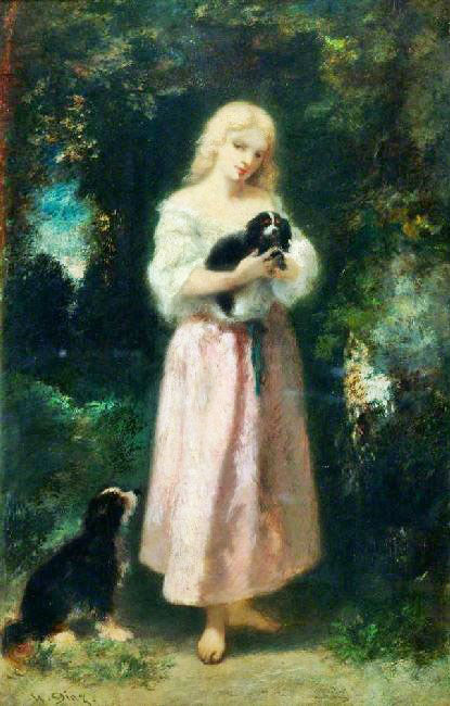 Girl With Dogs by Narcisse Diaz de la Pena