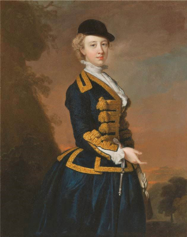 Nancy Fortescue, Wearing A Dark Blue Riding Habit by Thomas Hudson