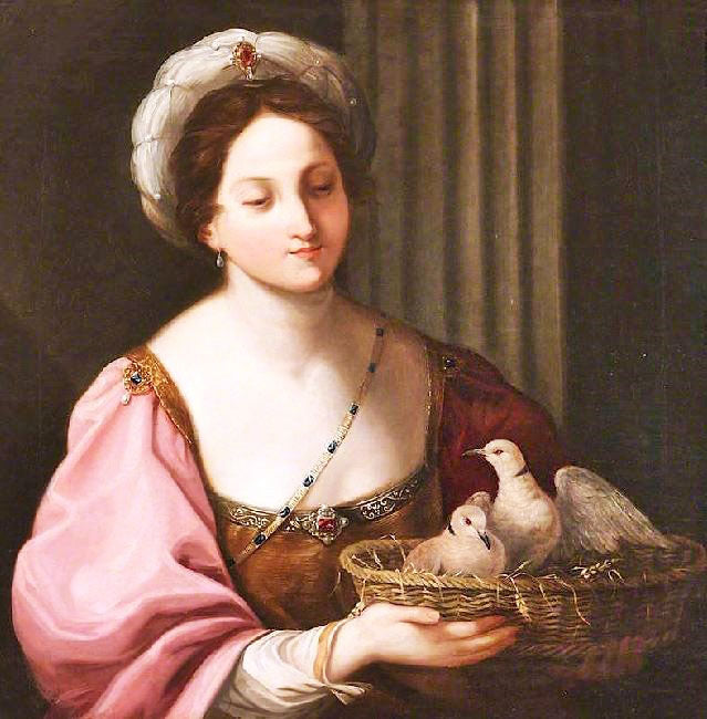 A Young Woman With A Basket Of Doves (Variant Copy After Guido Reni) by Elizabeth Cust
