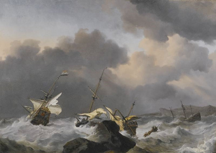 The Jupiter And Another Dutch Ship Wrecked On A Rocky Coast In A Gale by Willem van de Velde