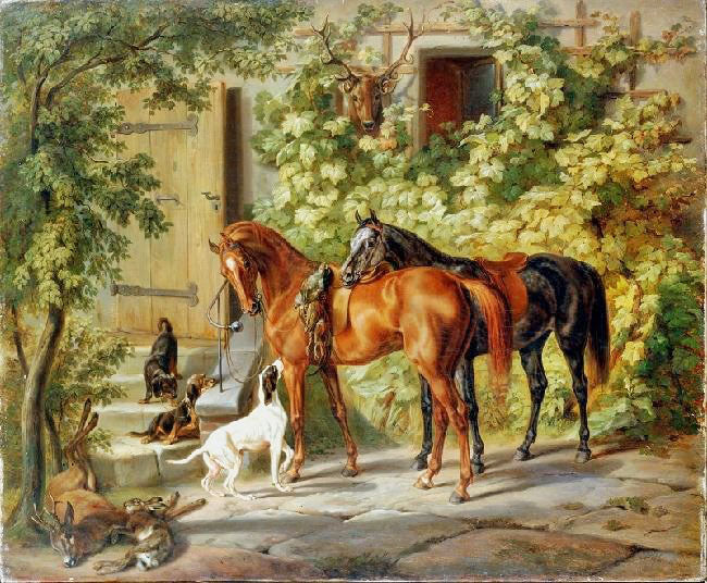Horses By The Porch by Albrecht Adam