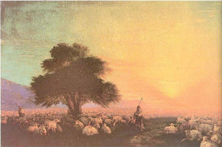 Flock Of Sheep With Herdsmen, Sunset by Ivan Constantinovich Aivazovsk