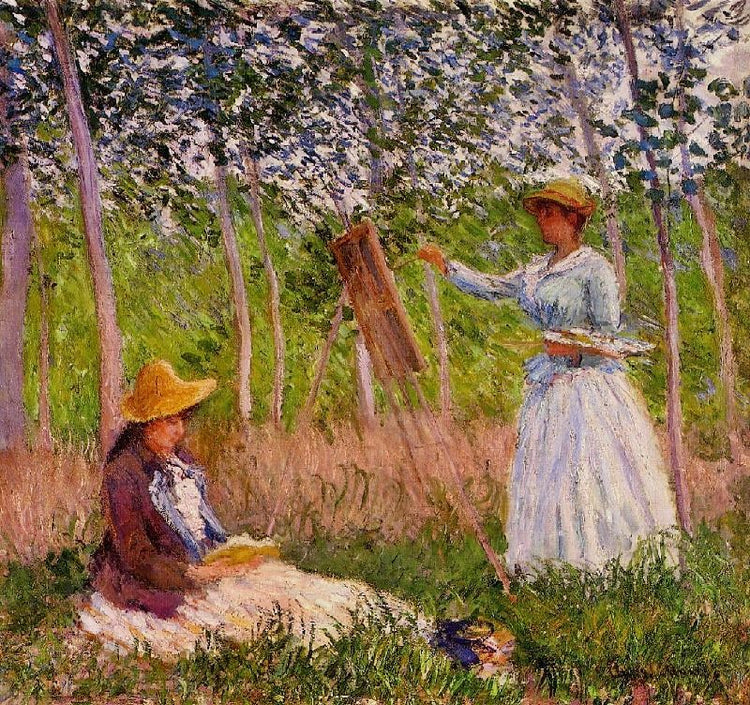 Suzanne Reading And Blanche Painting By The Marsh At Giverny by Claude Oscar Monet