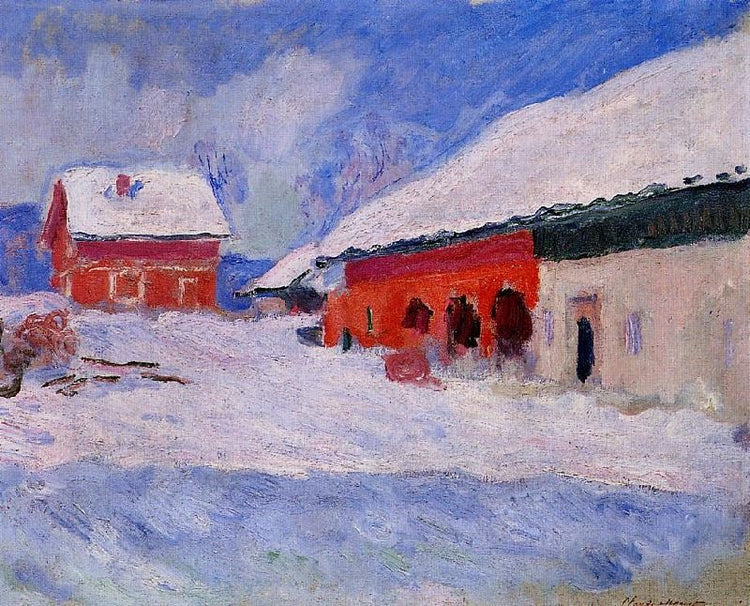 Red Houses At Bjornegaard In The Snow, Norway by Claude Oscar Monet